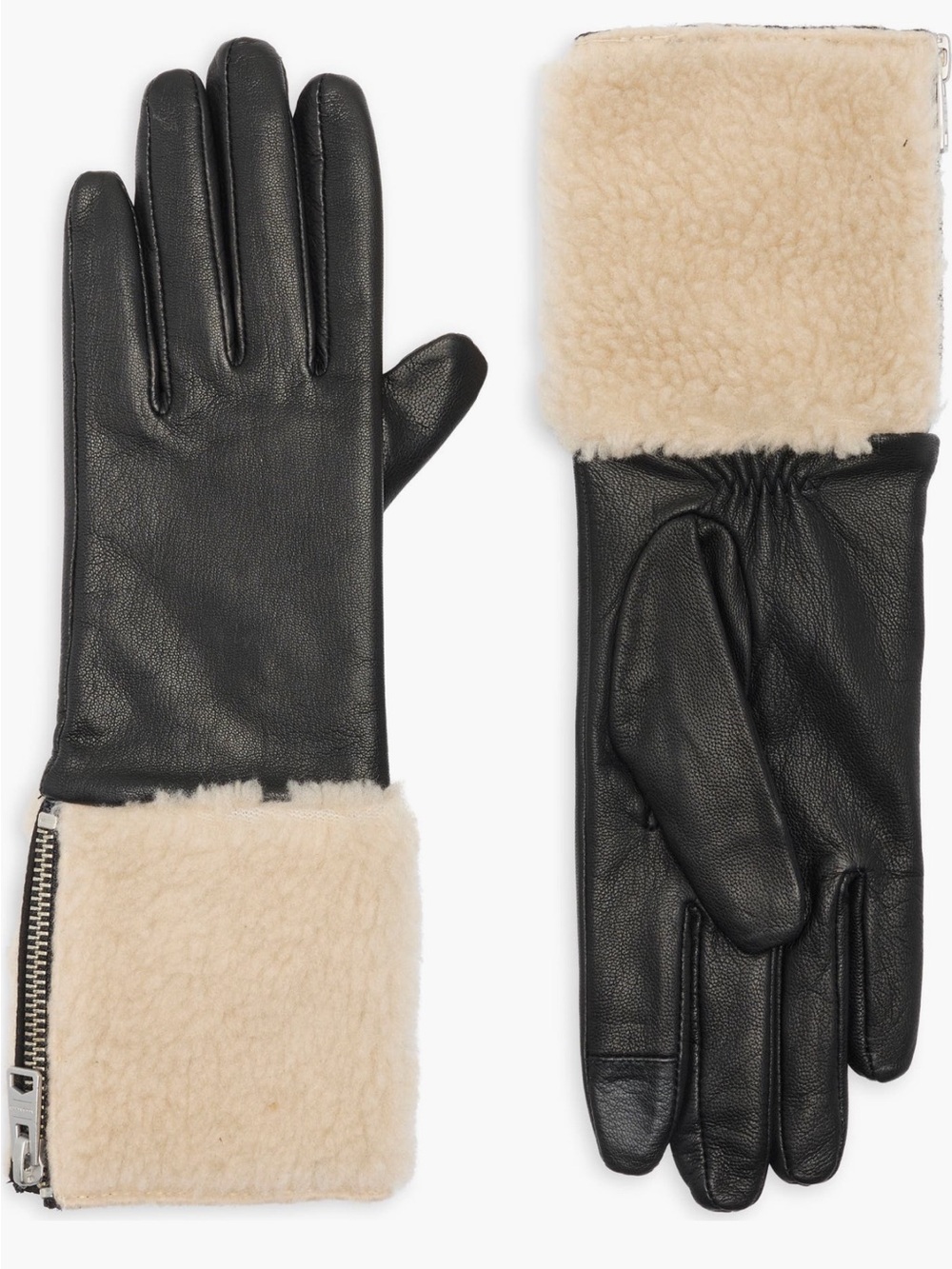 AllSaints Black Leather Gloves with Cream Faux Shearling Trim 🆕